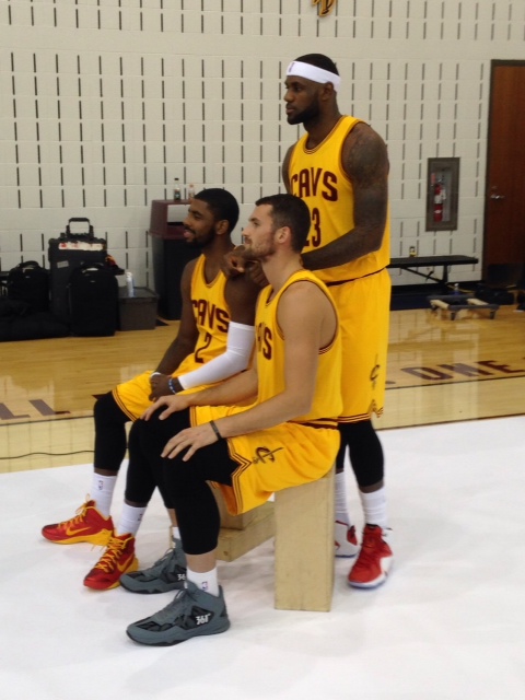 Kevin Love, LeBron James and Kyrie Irving Sitting Photo Cavs Media Day 2014