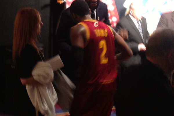 LeBron and Kyrie shake hands at Z jersey Ceremony 3-8-14